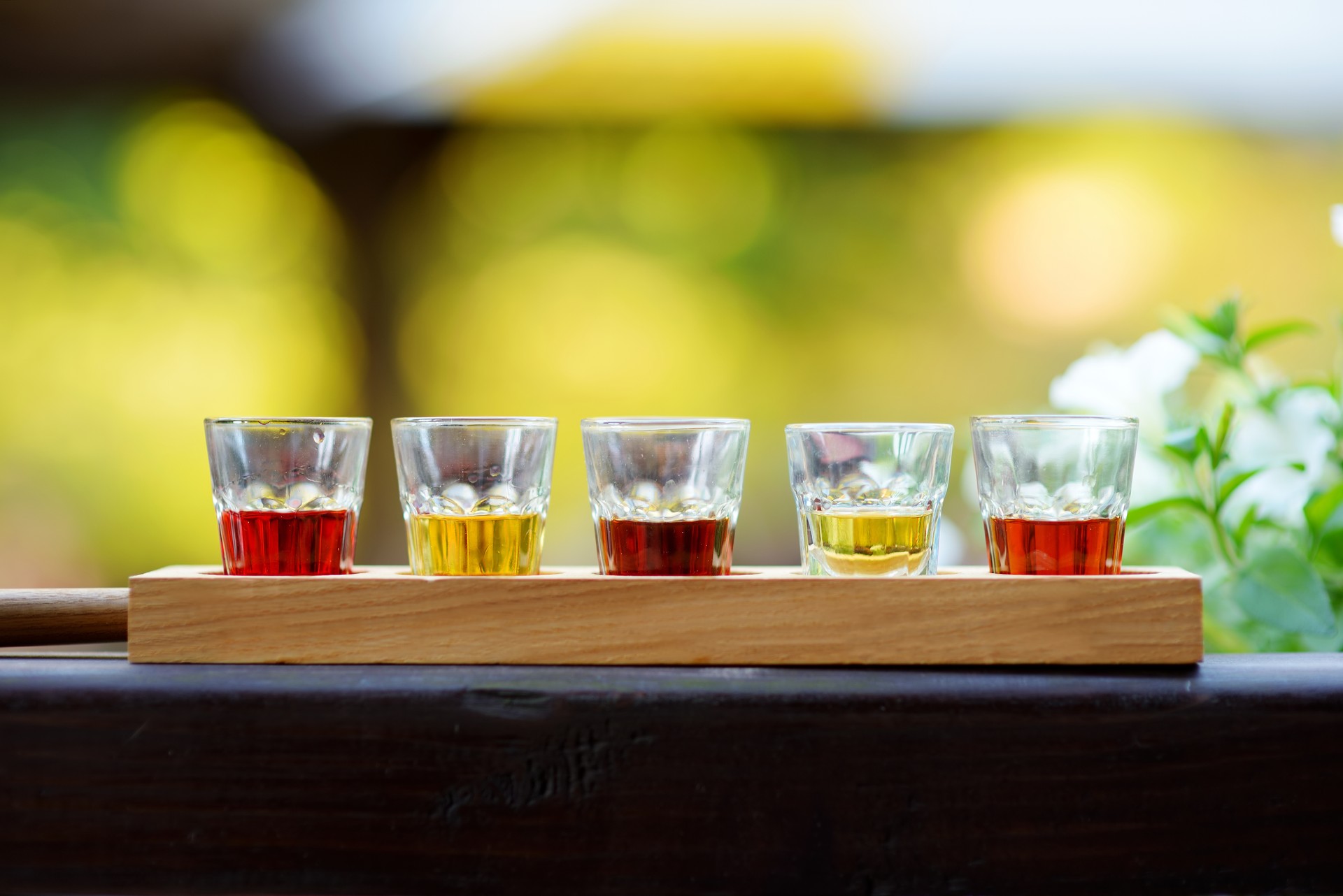 Assortment of five strong alcoholic drinks and spirits in small glasses. Different Lithuanian alcoholic beverages on a bar counter.